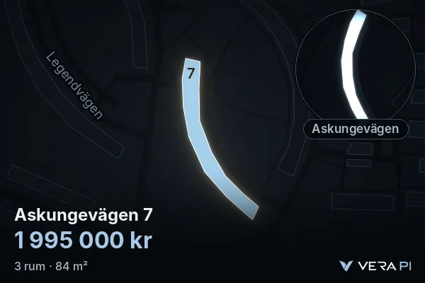 VERA PI's image of Askungevägen 7: the building in 3D, lit in blue, and the map around it