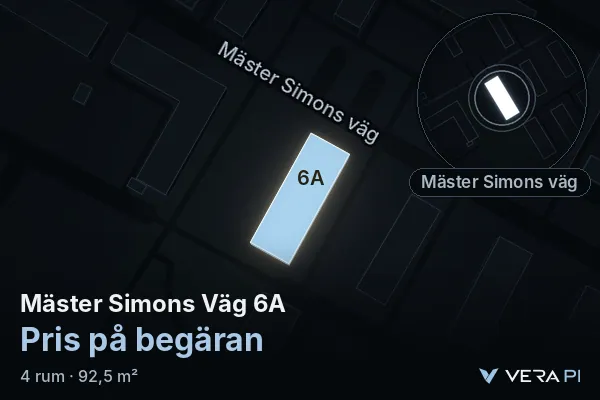 VERA PI's image of Mäster Simons Väg 6A: the building in 3D, lit in blue, and the map around it