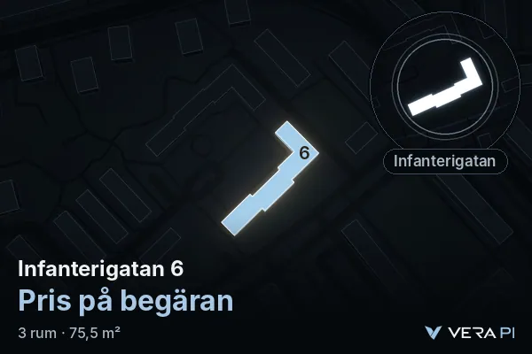 VERA PI's image of Infanterigatan 6: the building in 3D, lit in blue, and the map around it
