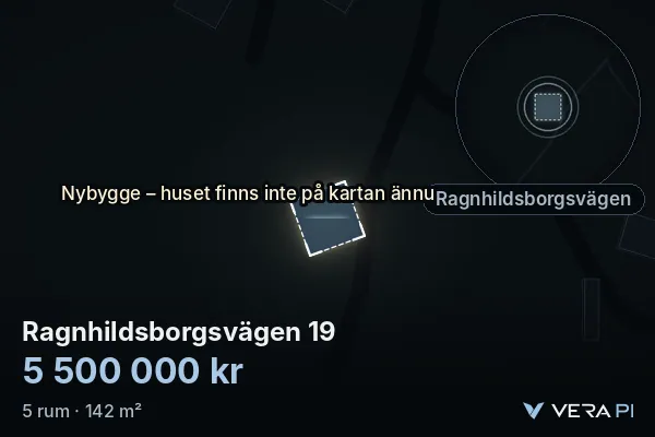 VERA PI:s bild av Ragnhildsborgsvägen 19: huset i 3D, upplyst i blått, och kartan runt omkring
