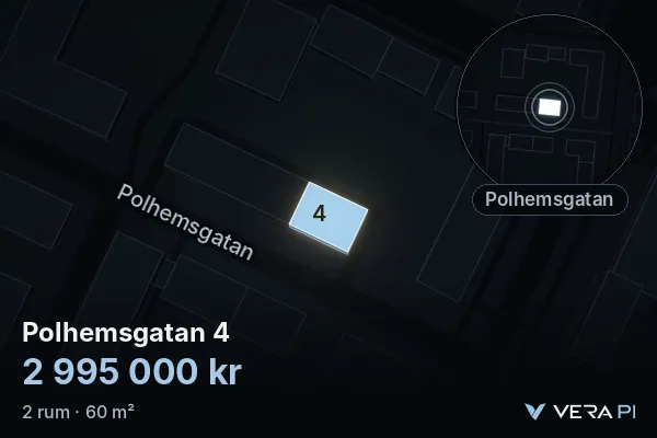 VERA PI's image of Polhemsgatan 4: the building in 3D, lit in blue, and the map around it