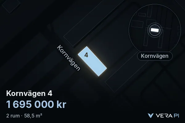 VERA PI's image of Kornvägen 4: the building in 3D, lit in blue, and the map around it