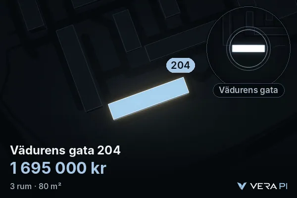 VERA PI:s bild av Vädurens gata 204: huset i 3D, upplyst i blått, och kartan runt omkring