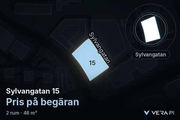 VERA PI:s bild av Sylvangatan 15: huset i 3D, upplyst i blått, och kartan runt omkring