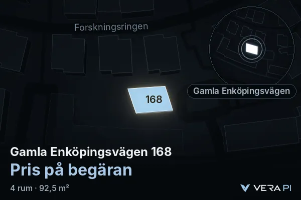VERA PI:s bild av Gamla Enköpingsvägen 168: huset i 3D, upplyst i blått, och kartan runt omkring
