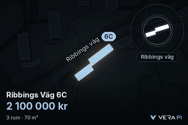 VERA PI's image of Ribbings Väg 6C: the building in 3D, lit in blue, and the map around it