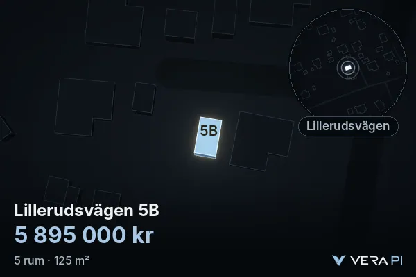 VERA PI's image of Lillerudsvägen 5B: the building in 3D, lit in blue, and the map around it