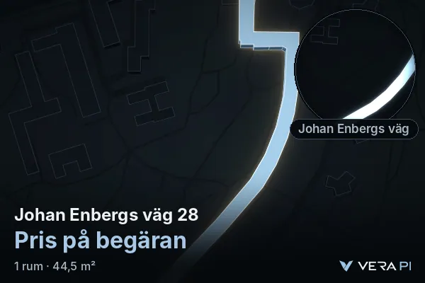 VERA PI's image of Johan Enbergs väg 28: the building in 3D, lit in blue, and the map around it