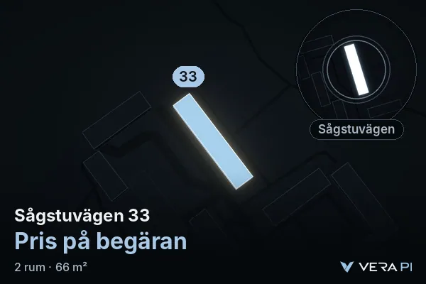 VERA PI:s bild av Sågstuvägen 33: huset i 3D, upplyst i blått, och kartan runt omkring