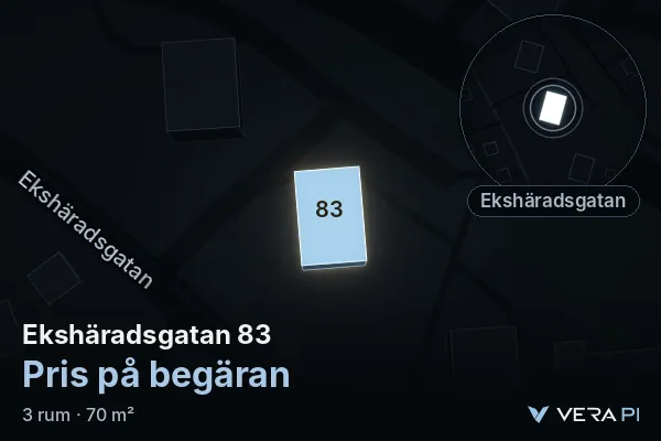 VERA PI's image of Ekshäradsgatan 83: the building in 3D, lit in blue, and the map around it