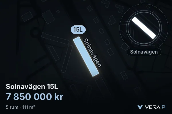 VERA PI's image of Solnavägen 15L: the building in 3D, lit in blue, and the map around it