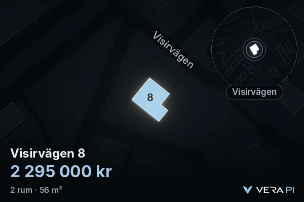 VERA PI's image of Visirvägen 8: the building in 3D, lit in blue, and the map around it