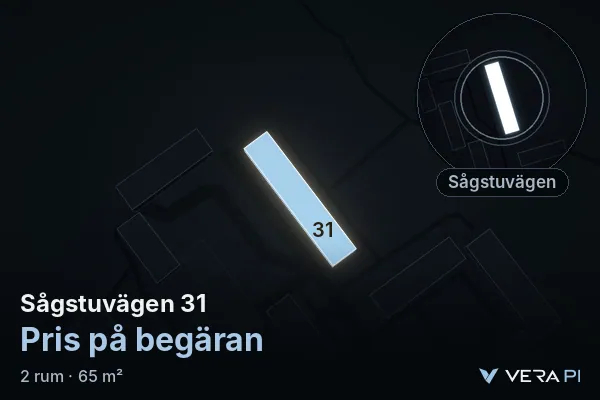 VERA PI:s bild av Sågstuvägen 31: huset i 3D, upplyst i blått, och kartan runt omkring