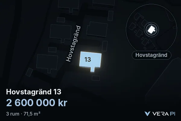 VERA PI:s bild av Hovstagränd 13: huset i 3D, upplyst i blått, och kartan runt omkring