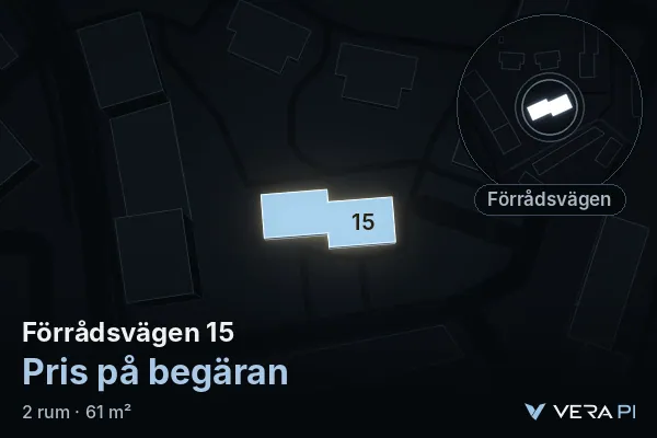 VERA PI:s bild av Förrådsvägen 15: huset i 3D, upplyst i blått, och kartan runt omkring