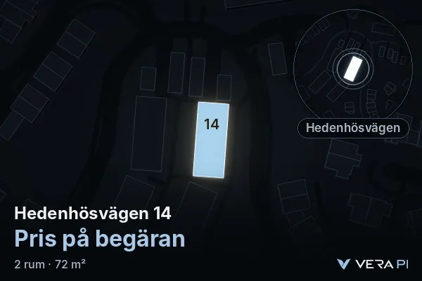 VERA PI:s bild av Hedenhösvägen 14: huset i 3D, upplyst i blått, och kartan runt omkring