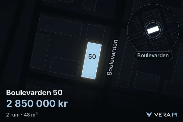 VERA PI:s bild av Boulevarden 50: huset i 3D, upplyst i blått, och kartan runt omkring