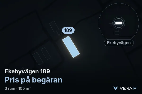 VERA PI:s bild av Ekebyvägen 189: huset i 3D, upplyst i blått, och kartan runt omkring