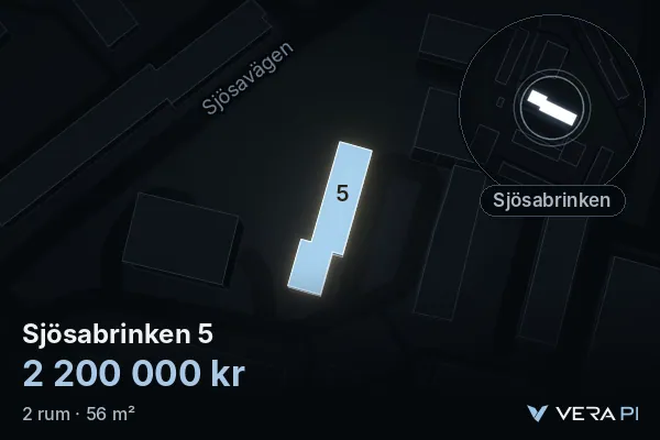 VERA PI:s bild av Sjösabrinken 5: huset i 3D, upplyst i blått, och kartan runt omkring