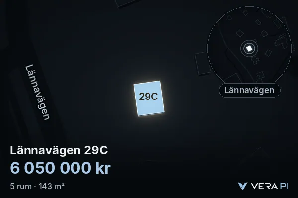 VERA PI:s bild av Lännavägen 29C: huset i 3D, upplyst i blått, och kartan runt omkring