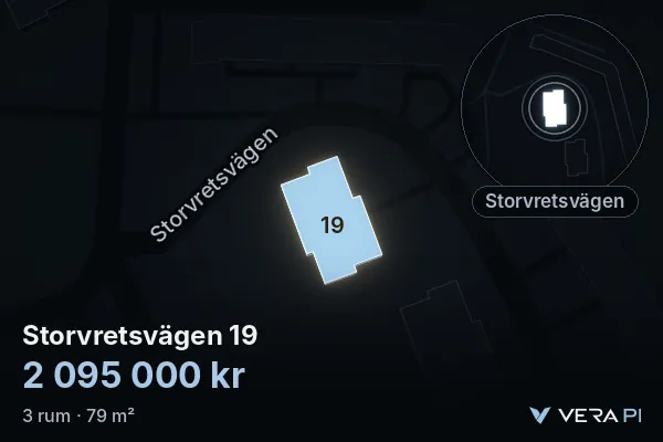 VERA PI's image of Storvretsvägen 19: the building in 3D, lit in blue, and the map around it