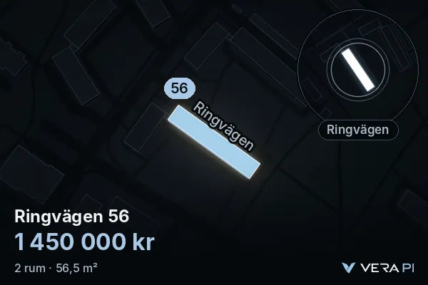VERA PI:s bild av Ringvägen 56: huset i 3D, upplyst i blått, och kartan runt omkring
