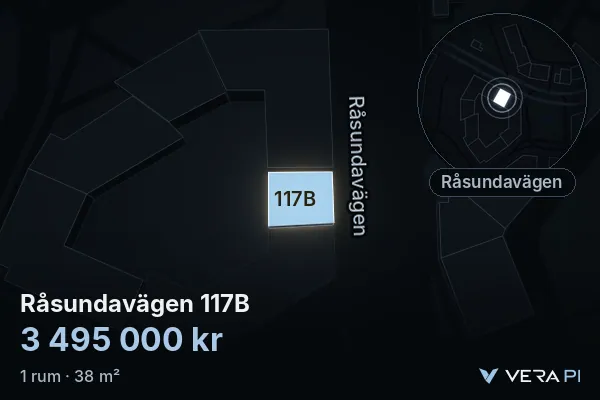 VERA PI's image of Råsundavägen 117B: the building in 3D, lit in blue, and the map around it