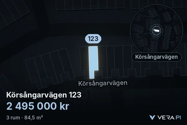 VERA PI's image of Körsångarvägen 123: the building in 3D, lit in blue, and the map around it