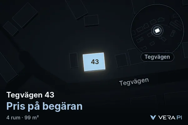 VERA PI:s bild av Tegvägen 43: huset i 3D, upplyst i blått, och kartan runt omkring