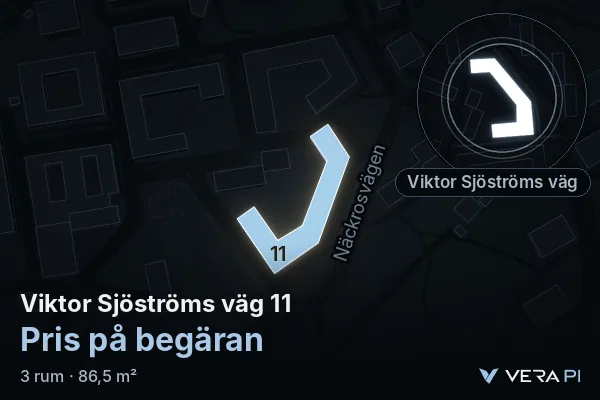 VERA PI's image of Viktor Sjöströms väg 11: the building in 3D, lit in blue, and the map around it