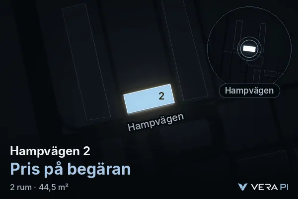 VERA PI's image of Hampvägen 2: the building in 3D, lit in blue, and the map around it