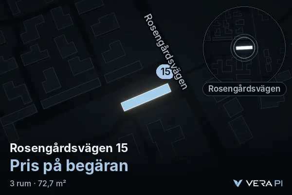 VERA PI:s bild av Rosengårdsvägen 15: huset i 3D, upplyst i blått, och kartan runt omkring
