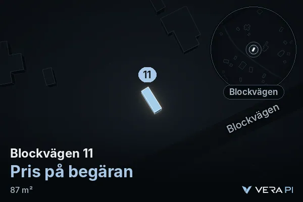 VERA PI:s bild av Blockvägen 11: huset i 3D, upplyst i blått, och kartan runt omkring