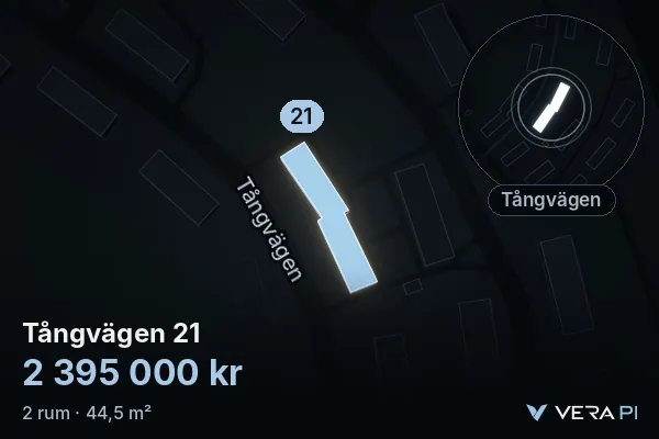 VERA PI's image of Tångvägen 21: the building in 3D, lit in blue, and the map around it