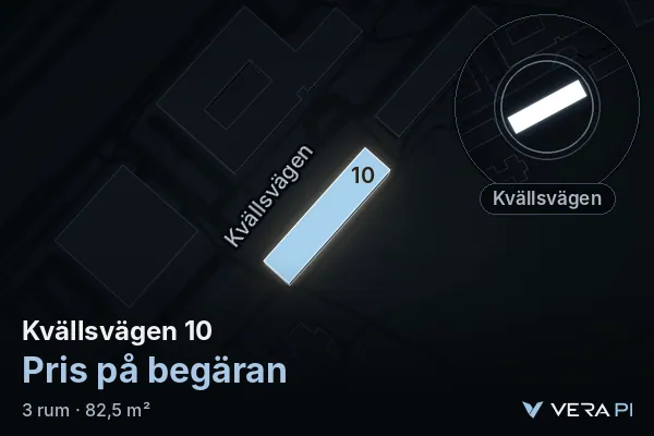 VERA PI's image of Kvällsvägen 10: the building in 3D, lit in blue, and the map around it