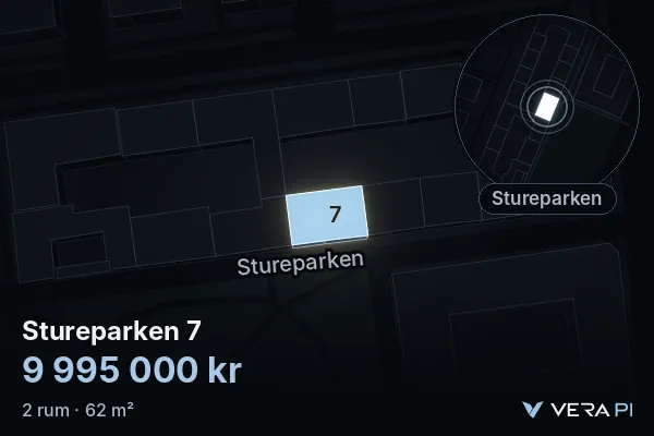 VERA PI:s bild av Stureparken 7: huset i 3D, upplyst i blått, och kartan runt omkring