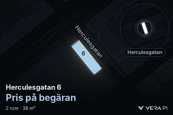 VERA PI's image of Herculesgatan 6: the building in 3D, lit in blue, and the map around it