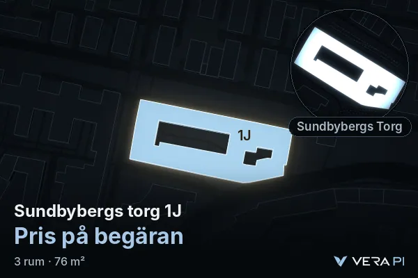 VERA PI:s bild av Sundbybergs torg 1J: huset i 3D, upplyst i blått, och kartan runt omkring