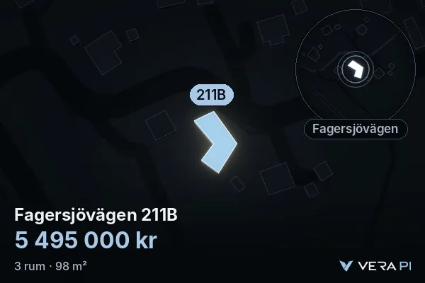 VERA PI:s bild av Fagersjövägen 211B: huset i 3D, upplyst i blått, och kartan runt omkring