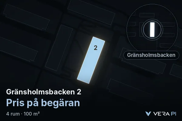 VERA PI:s bild av Gränsholmsbacken 2: huset i 3D, upplyst i blått, och kartan runt omkring