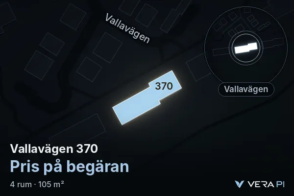 VERA PI:s bild av Vallavägen 370: huset i 3D, upplyst i blått, och kartan runt omkring