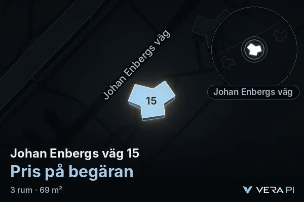 VERA PI's image of Johan Enbergs väg 15: the building in 3D, lit in blue, and the map around it
