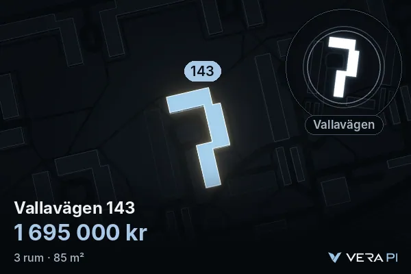 VERA PI:s bild av Vallavägen 143: huset i 3D, upplyst i blått, och kartan runt omkring