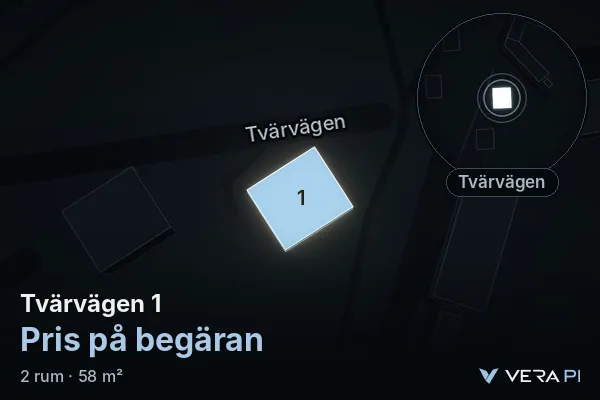 VERA PI:s bild av Tvärvägen 1: huset i 3D, upplyst i blått, och kartan runt omkring