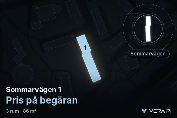 VERA PI:s bild av Sommarvägen 1: huset i 3D, upplyst i blått, och kartan runt omkring