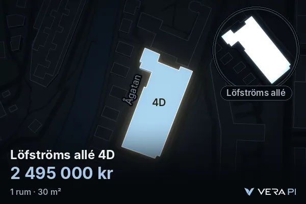 VERA PI:s bild av Löfströms allé 4D: huset i 3D, upplyst i blått, och kartan runt omkring