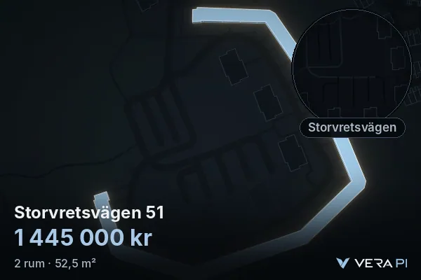 VERA PI:s bild av Storvretsvägen 51: huset i 3D, upplyst i blått, och kartan runt omkring