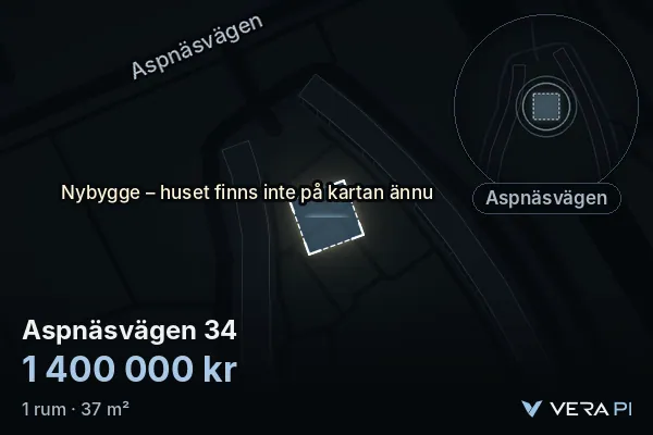 VERA PI's image of Aspnäsvägen 34: the building in 3D, lit in blue, and the map around it