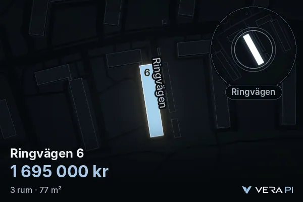 VERA PI:s bild av Ringvägen 6: huset i 3D, upplyst i blått, och kartan runt omkring