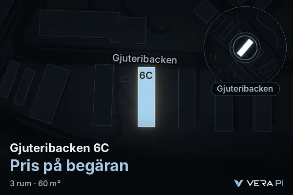 VERA PI:s bild av Gjuteribacken 6C: huset i 3D, upplyst i blått, och kartan runt omkring